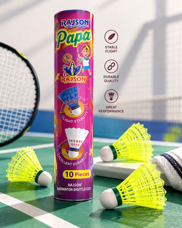 Rajson Papa Plastic Badminton Shuttlecock (10-Piece Tube, Yellow)