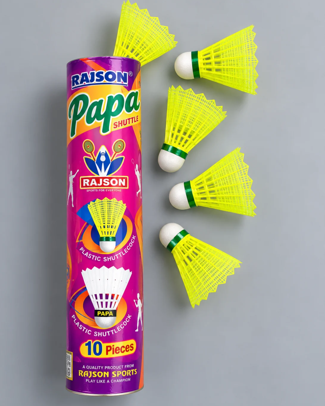 Rajson Papa Plastic Badminton Shuttlecock (10-Piece Tube, Yellow)